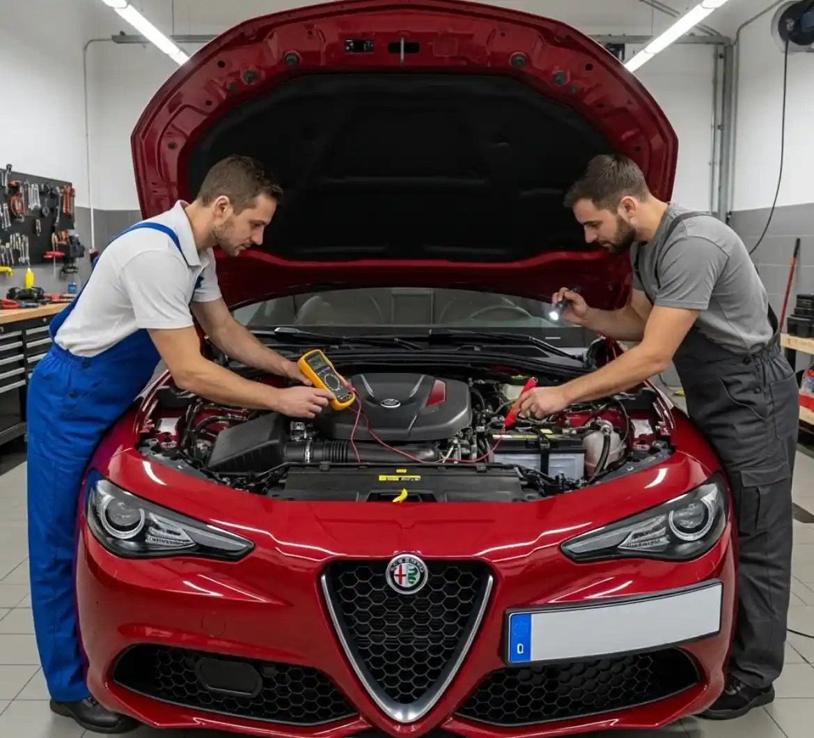 Battery Zone UAE technician replacing a Alfa Romeo battery in Dubai