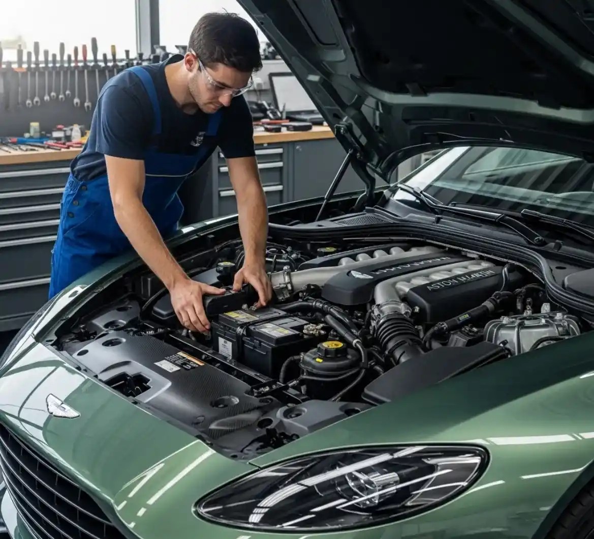 Battery Zone UAE technician replacing a Aston Martin battery in Dubai