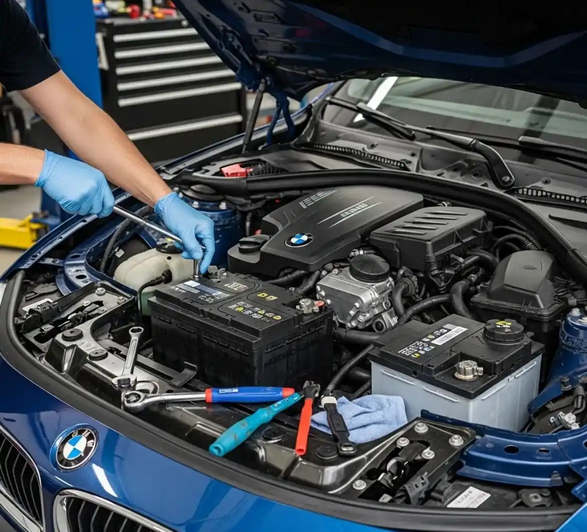 Battery Zone UAE technician replacing a BMW battery in Dubai