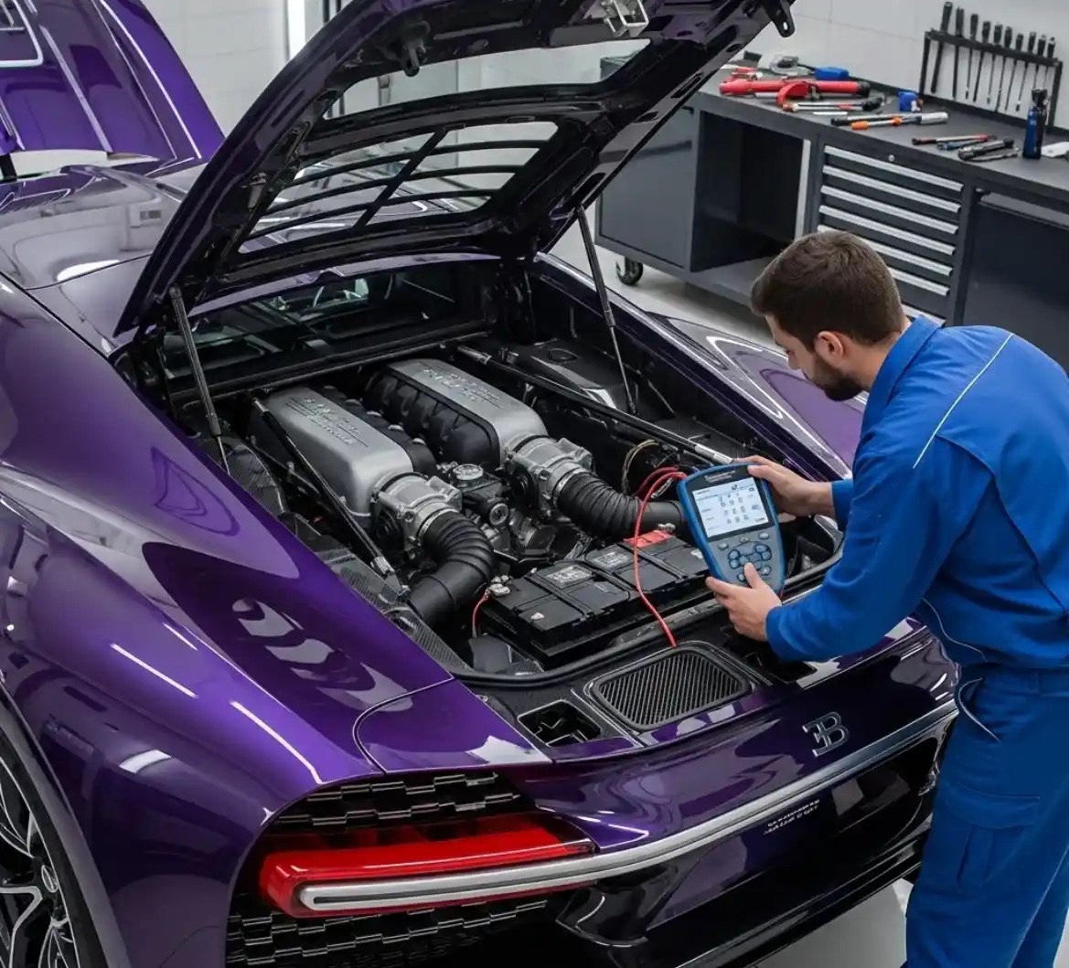 Battery Zone UAE technician replacing a Bugatti battery in Dubai