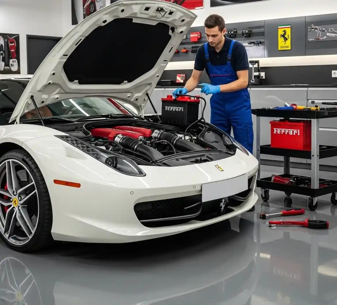 Battery Zone UAE technician replacing a Ferrari battery in Dubai