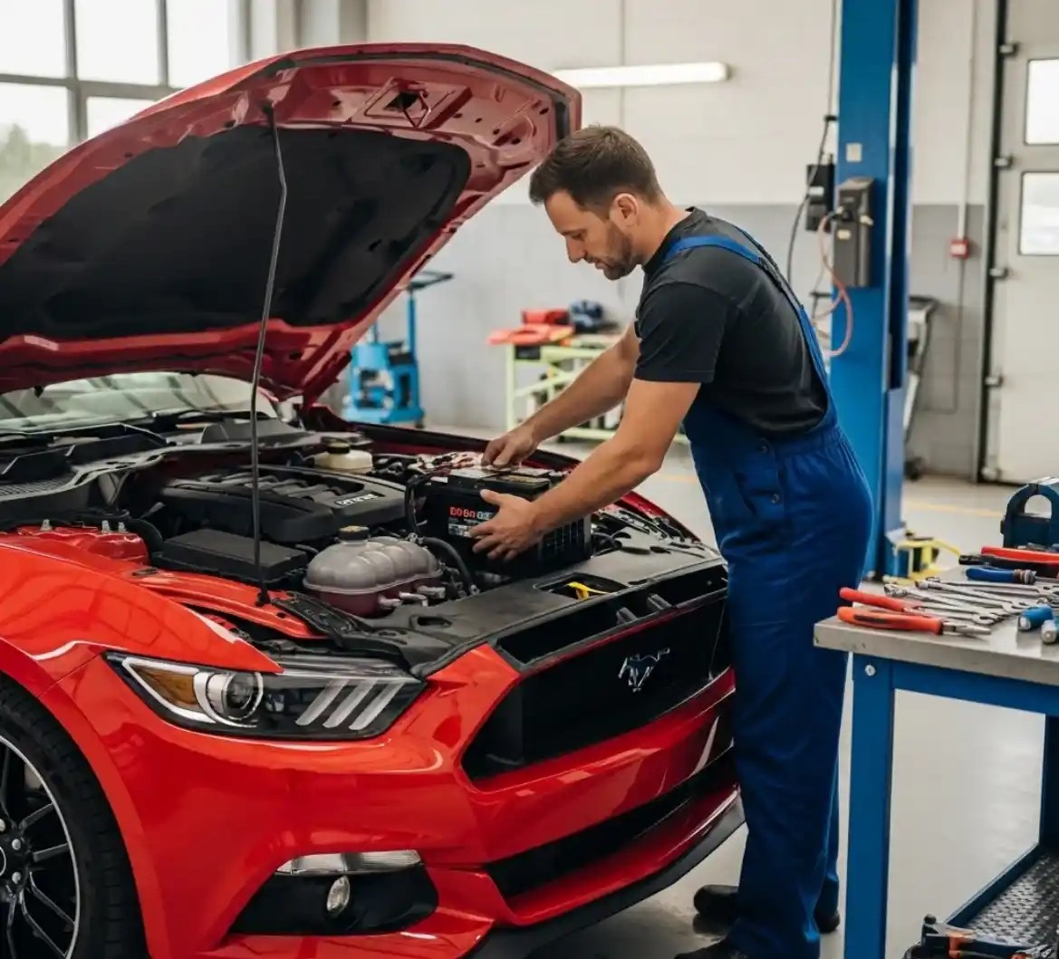 Battery Zone UAE technician replacing a Ford battery in Dubai