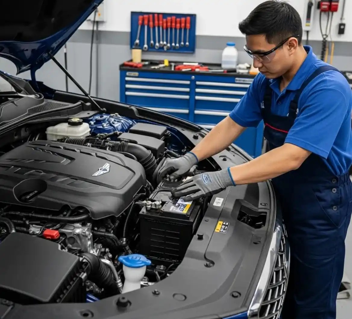 Battery Zone UAE technician replacing a Genesis battery in Dubai