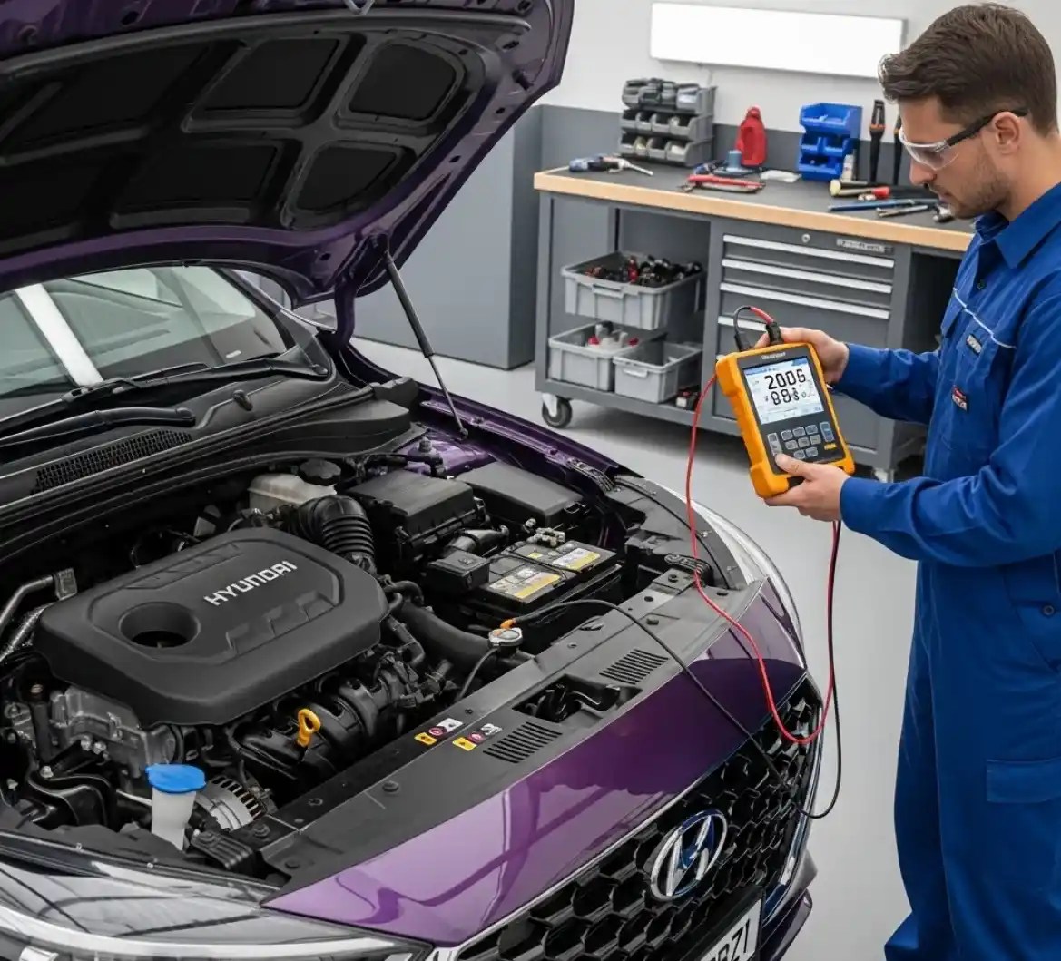 Battery Zone UAE technician replacing a Hyundai battery in Dubai