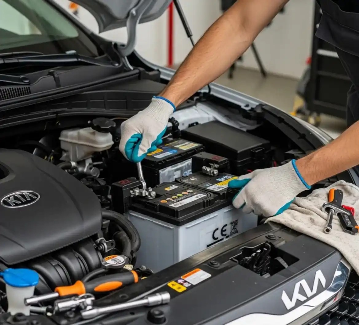 Battery Zone UAE technician replacing a Kia battery in Dubai