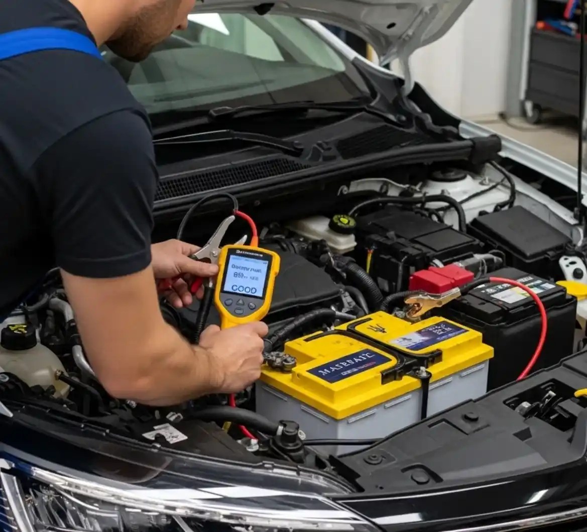 Battery Zone UAE technician replacing a Maserati battery in Dubai