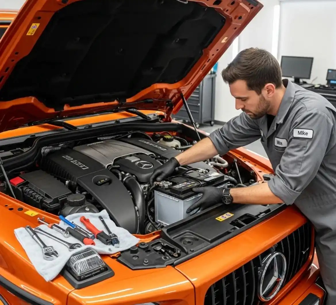 Battery Zone UAE technician working on a Mercedes-AMG C43