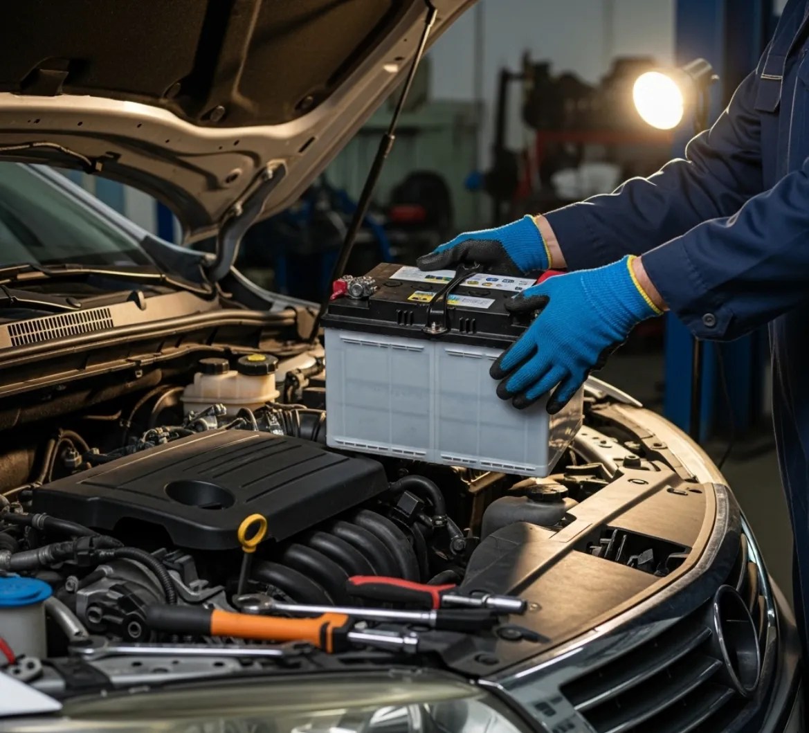 مركبة خدمة وفني من Battery Zone UAE أثناء مهمة في دبي